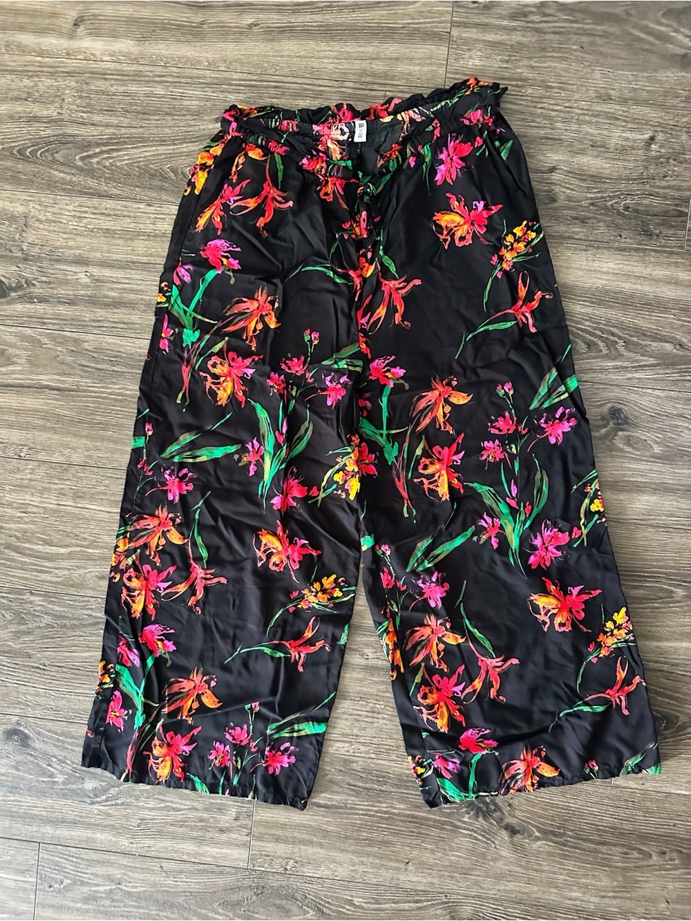 bp Black Wide-Leg Floral Pants with Pink and Orange Blooms